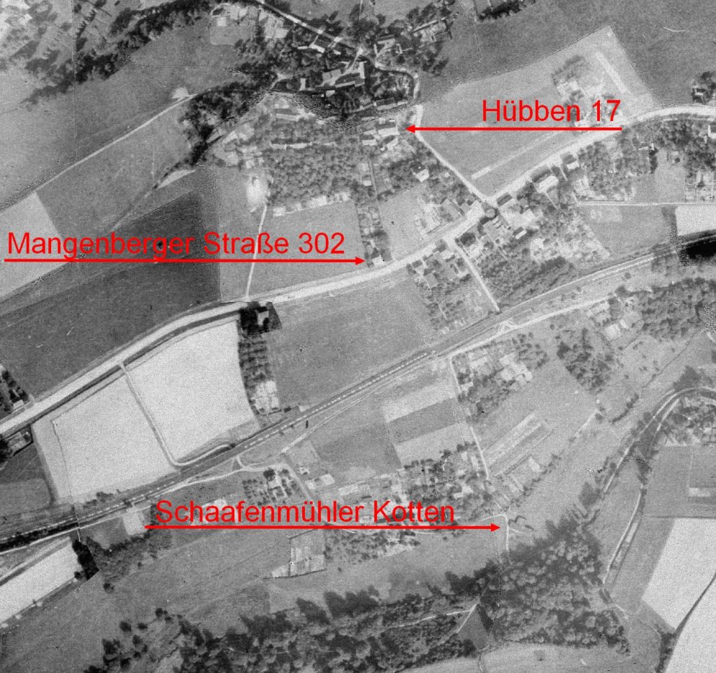 Ein Luftbild der Hofschaften Schaafenmühle und Hübben von 1928